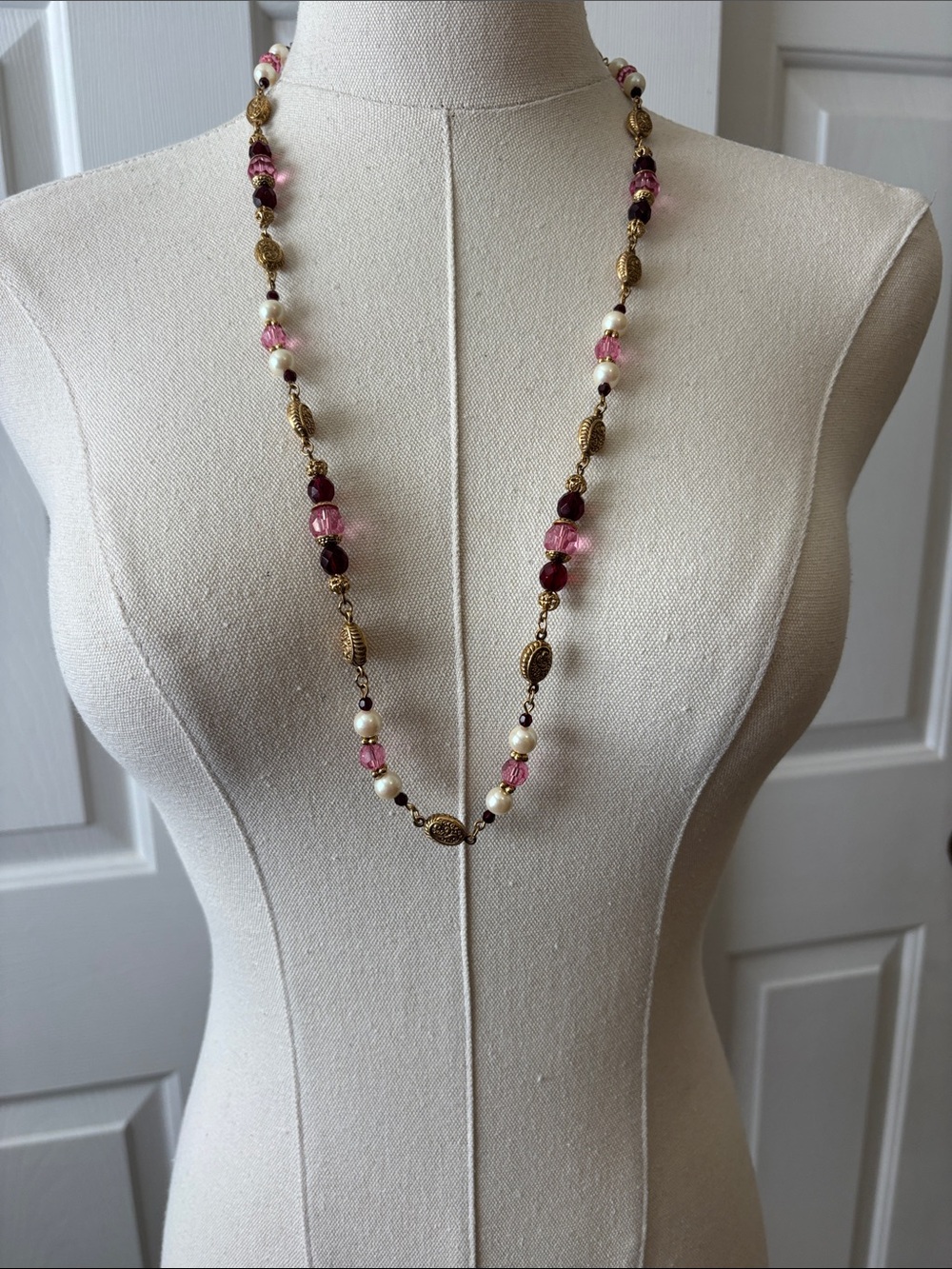 1928 Pink Bead and Gold Station Necklace with Pearl Accents